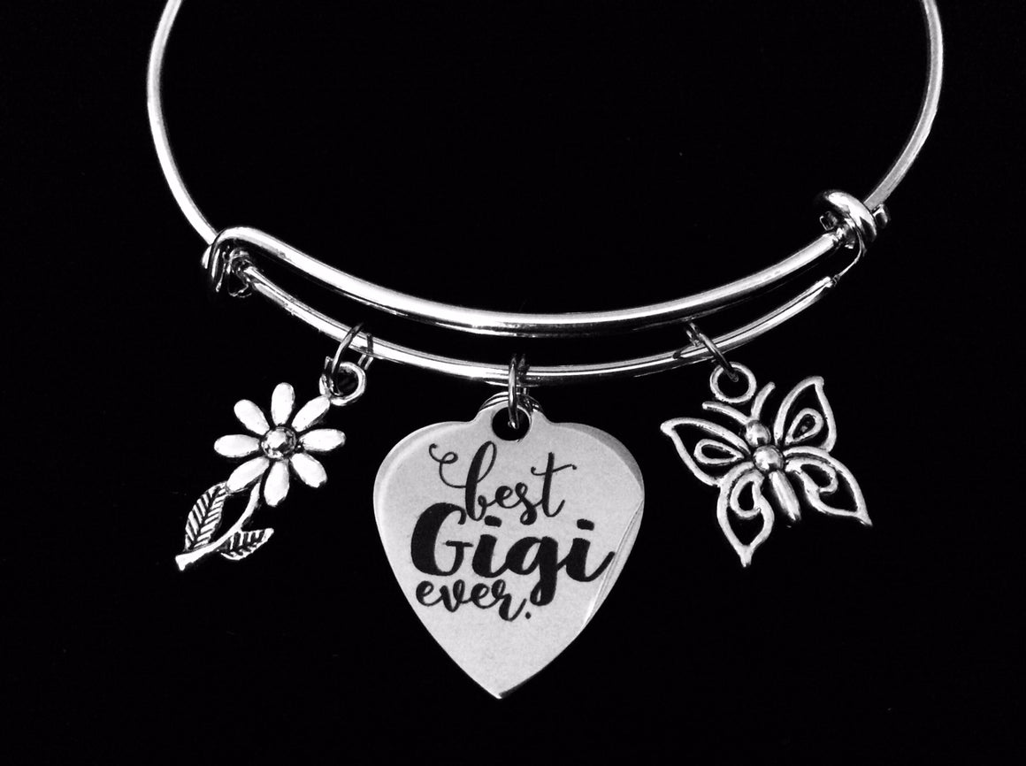 Best Gigi Ever Expandable Charm Bracelet Adjustable Silver Bangle Meaningful One Size Fits All Gift Grandmother Butterfly Daisy