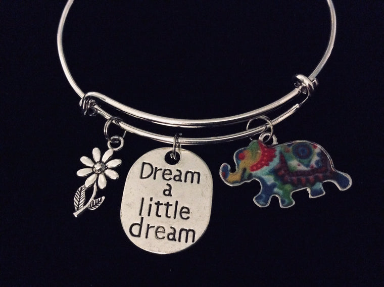 Dream a Little Dream Tie Dyed Elephant Jewelry Expandable Charm Bracelet Adjustable Silver Bangle One Size Fits All Gift