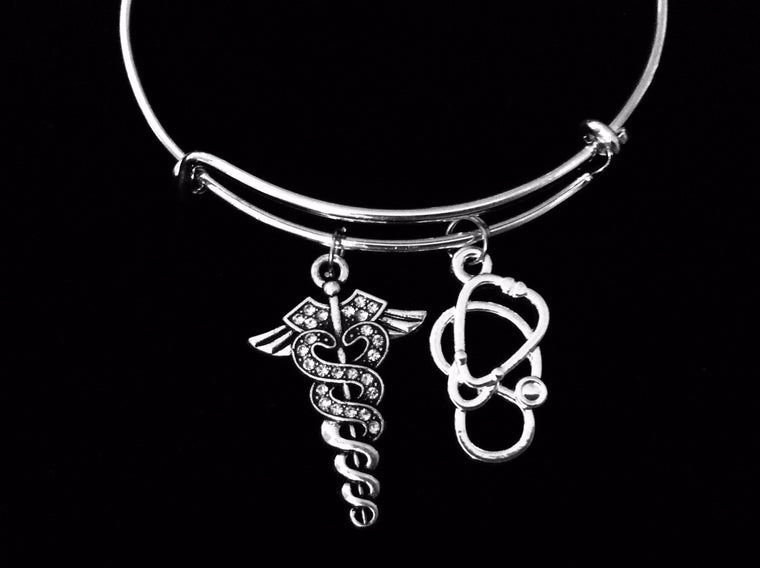 Crystal Medical Symbol Caduceus Expandable Charm Bracelet Stethoscope Silver Adjustable Bangle One Size Fits All Gift Nurse Doctor Rhinestone Bling