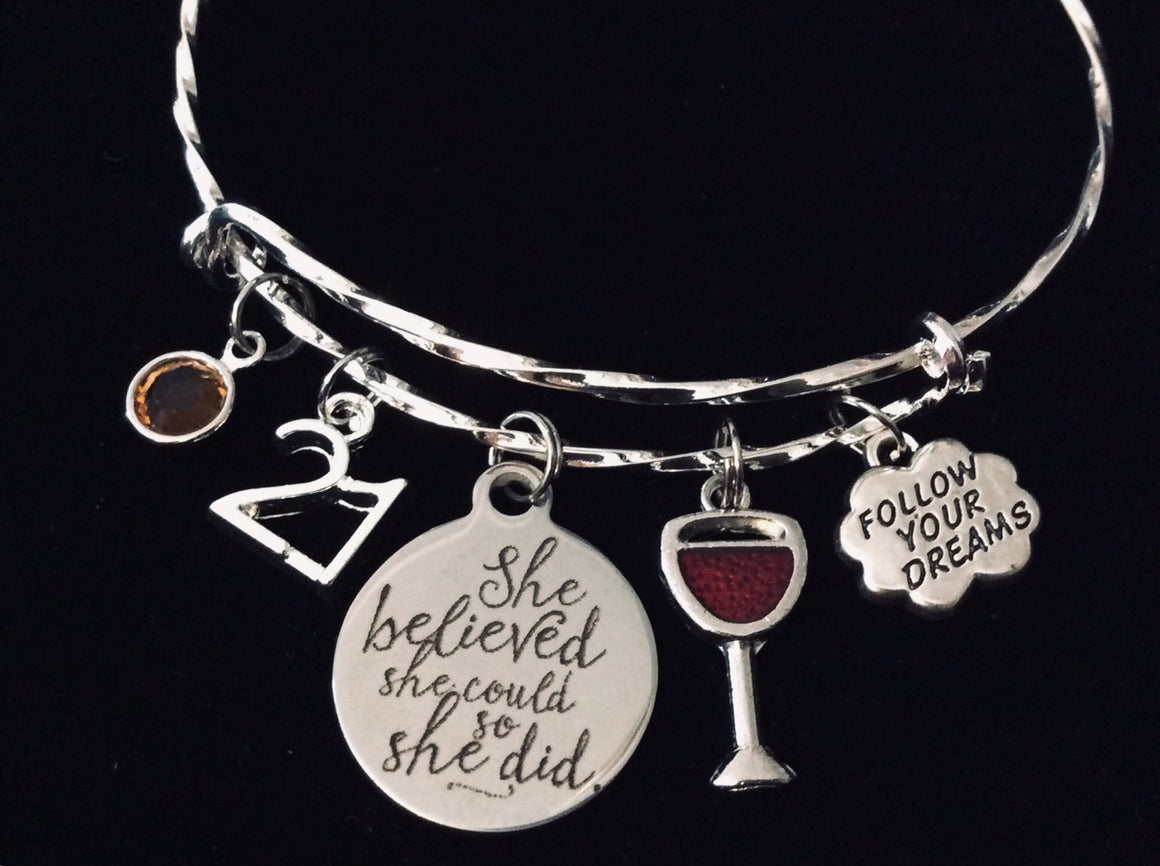 Follow Your Dreams Birthday She Believed She Could So She Did Expandable Charm Bracelet One Size Fits All Gift Birthday Jewelry Adjustable Silver Bangle Birthstone