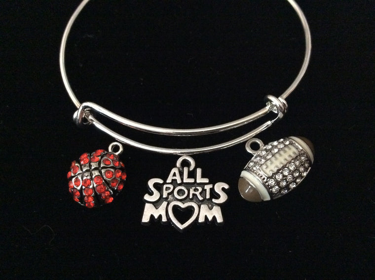 All Sports Mom Basketball Mom Football Mom Expandable Charm Bracelet Adjustable Silver Bangle Sports One Size Fits All Gift