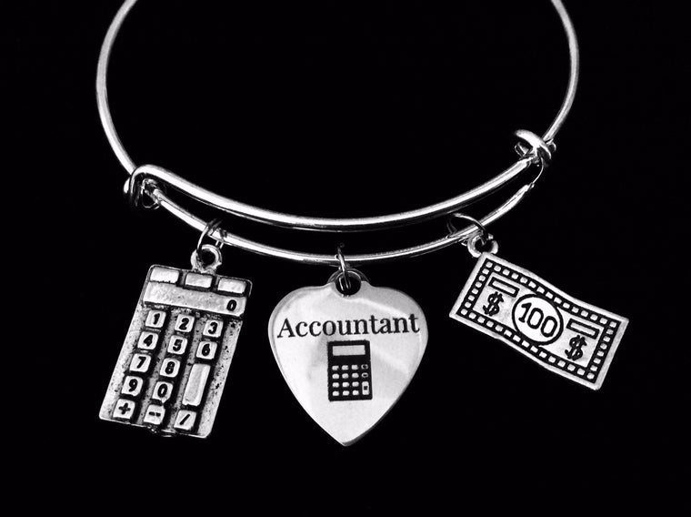 Accountant Adjustable Charm Bracelet Expandable Silver Bangle Calculator Tax Advisor Trendy One Size Fits All Gift CPA Gift