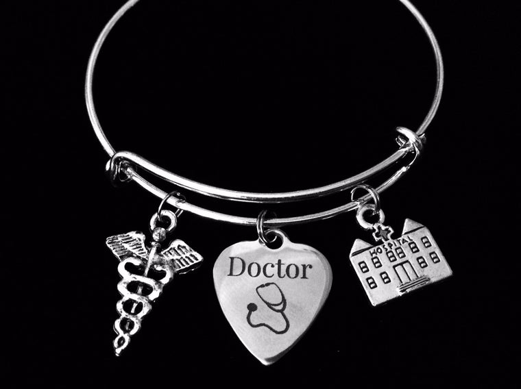 Doctor Jewelry Adjustable Charm Bracelet Expandable Silver Bangle Hospital Medical Caduceus Trendy One Size Fits All Gift Physician Gift