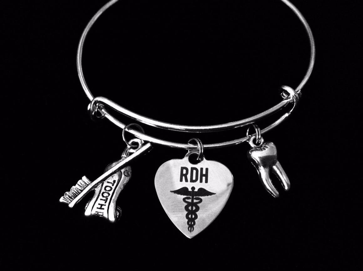 RDH Registered Dental Hygienist Jewelry Adjustable Charm Bracelet Expandable Silver Bangle Toothbrush Tooth Trendy One Size Fits All Gift Dental Assistant Gift