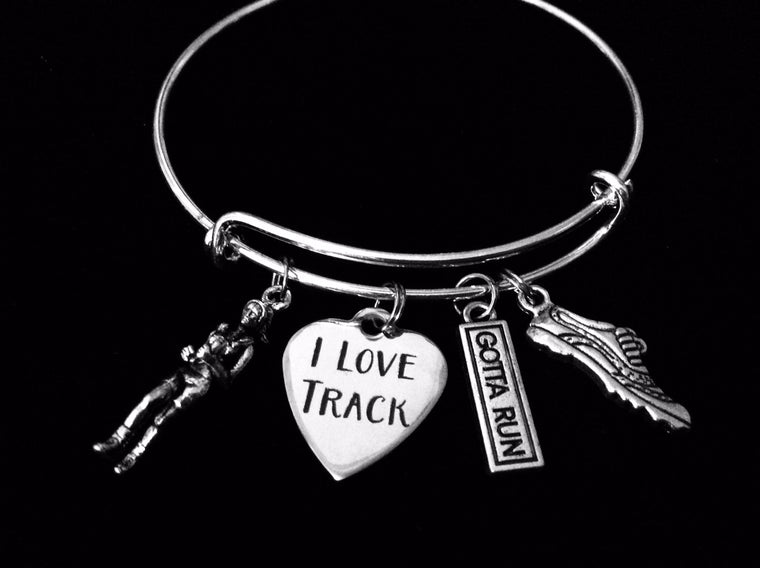 I Love Track Expandable Charm Bracelet Adjustable Silver Bangle Got to Run Runner Gift 