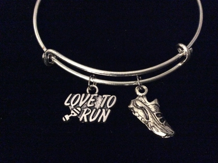 Love to Run Jewelry Expandable Charm Bracelet Silver Adjustable Bangle Runner Tennis Shoe Sport One Size Fits All Gift