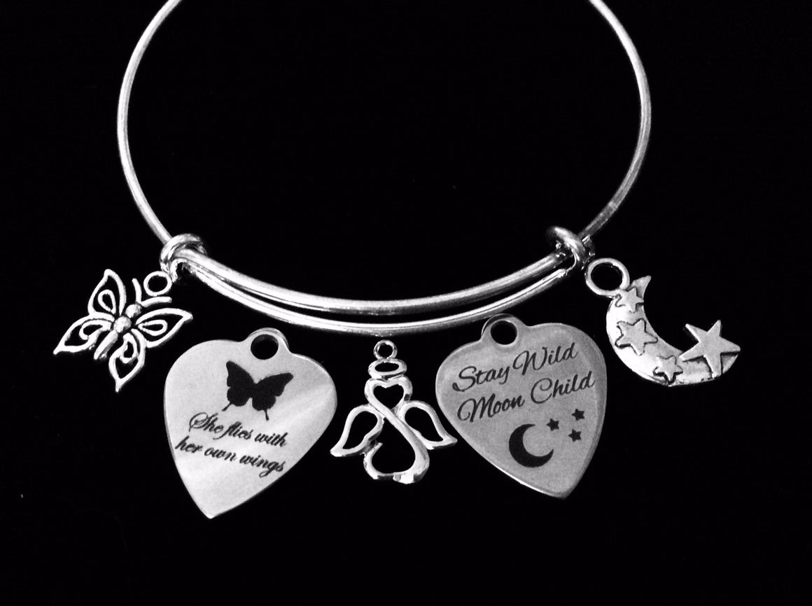 Stay Wild Moon Child She Flies With Her Own Wings Adjustable Charm Bracelet Expandable Silver Bangle Oe Size Fits All Gift Angel Butterfly