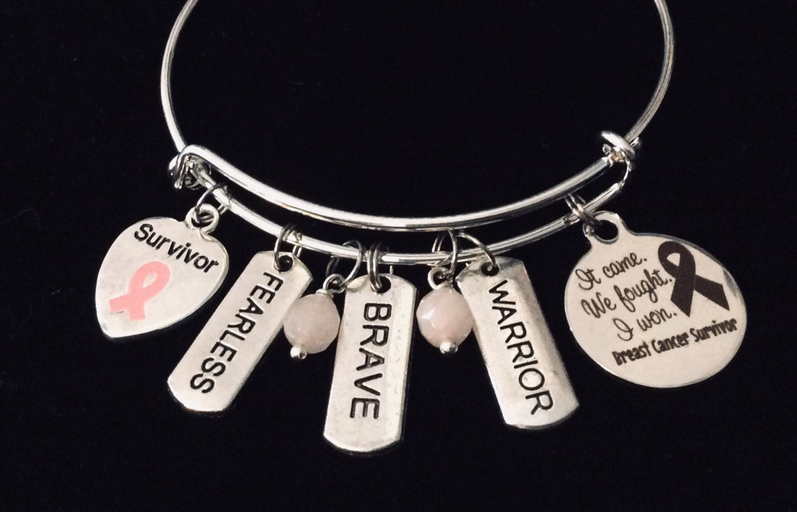 Breast Cancer Survivor Expandable Charm Bracelet Pink Tourmaline Cleanses Purifies Transforms Pink Awareness Ribbon Silver Adjustable Bangle One Size Fits All Gift Fearless Brave Warrior