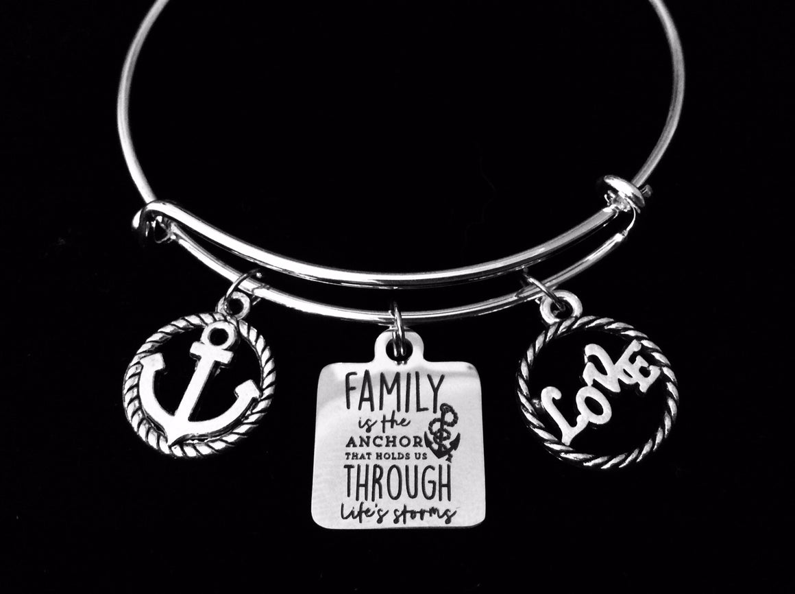 Family is the Anchor Thru Life's Storms Expandable Charm Bracelet Family Love Jewelry Silver Adjustable Bangle One Size Fits All Gift Nautical Rope