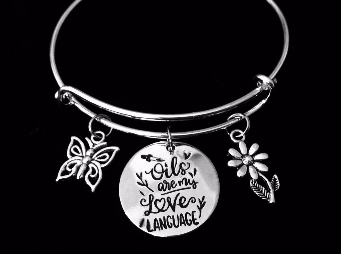 Oils are My Love Language Expandable Charm Bracelet Essential Oil Jewelry Silver Adjustable Bangle One Size Fits All Gift
