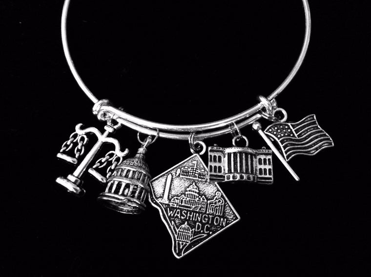 Washington DC Jewelry White House Expandable Charm Bracelet Capital Building Flag Adjustable Silver Bangle One Size Fits All Gift School Trip Jewelry