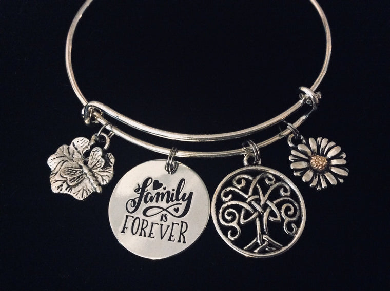 Family is Forever Expandable Charm Bracelet Tree of Life Dragonfly Daisy Jewelry Silver Adjustable Bangle One Size Fits All Gift Sunflower Celtic 