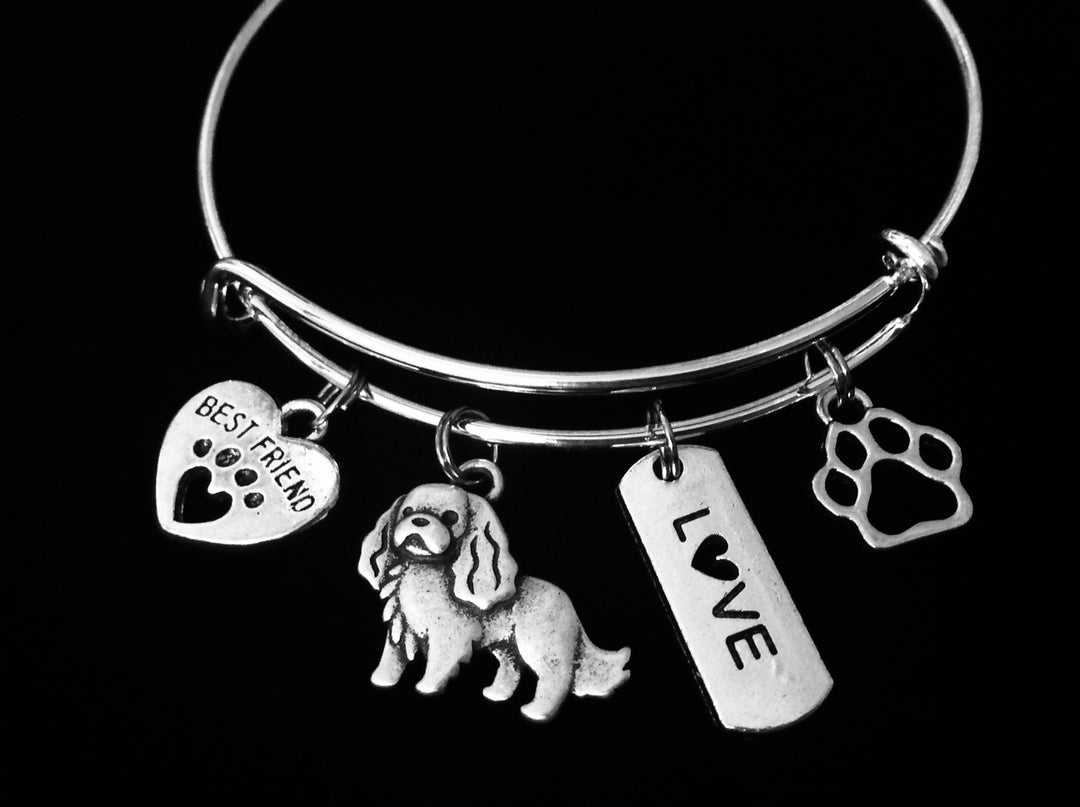 Cavalier King Charles Spaniel Expandable Charm Bracelet Silver Adjustable Wire Bangle Gift Best Friend Paw Print Pet Animal Lover English Toy Spaniel Jewelry One Size Fits All Gift