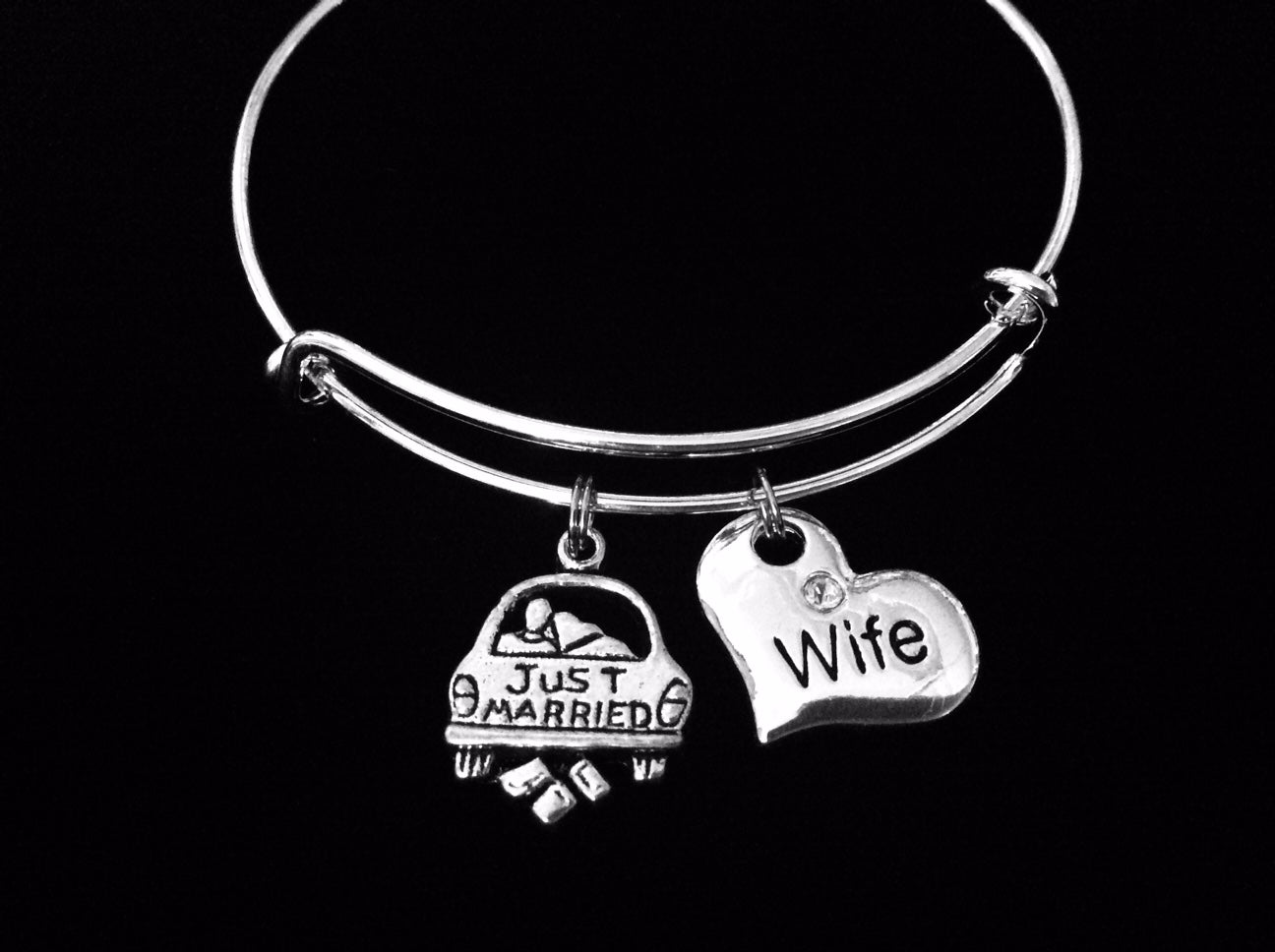 Just Married Wife Jewelry Expandable Charm Bracelet Silver Adjustable Wire Bangle Stacking One Size Fits All Gift Newlyweds 