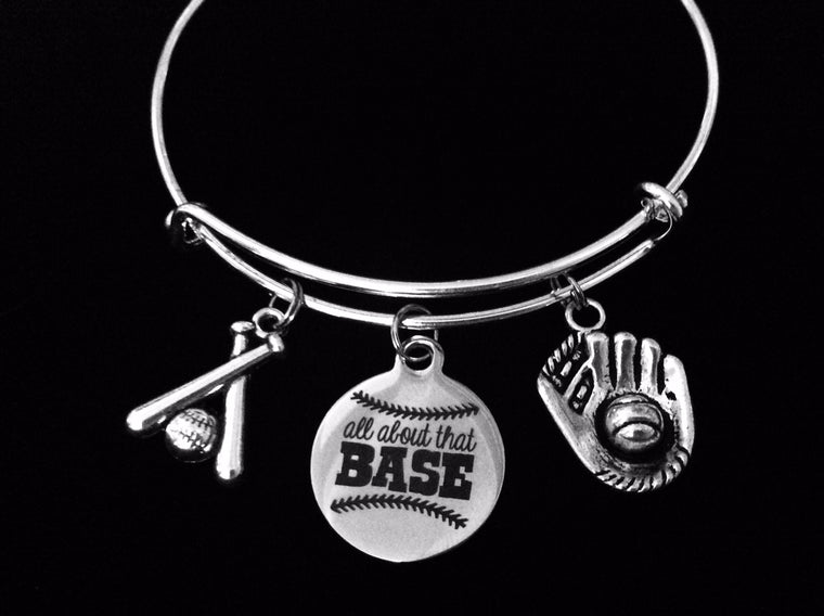 Baseball Charm Bracelet It's All About That Base Silver Expandable Adjustable Bangle Trendy One Size Fits All Gift Baseball Bat