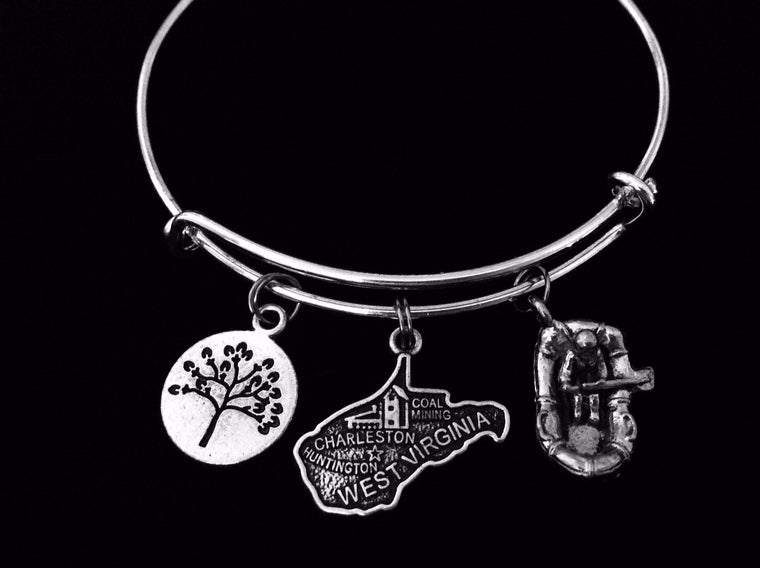 West Virginia Charm Bracelet White Water Rafting Jewelry Expandable Adjustable Silver Charm Bracelet Wire Bangle One Size Fits All Gift State Jewelry