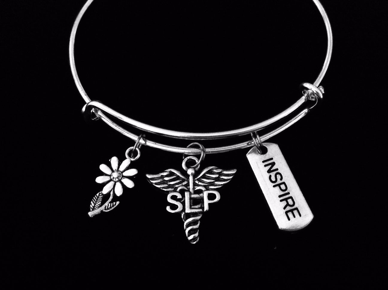 SLP Speech Language Pathologist Charm Bracelet Silver Adjustable Expandable Bangle One Size Fits All Gift Inspire Daisy Medical