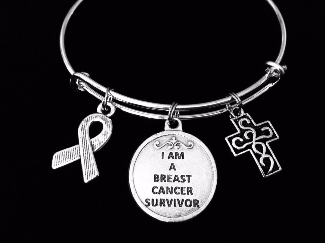 Breast Cancer Survivor Jewelry Saint Agatha Charm Bracelet Adjustable Expandable Silver Bangle One Size Fits All Gift St Agatha Breast Cancer Awareness Pink Awareness Ribbon Filigree Cross