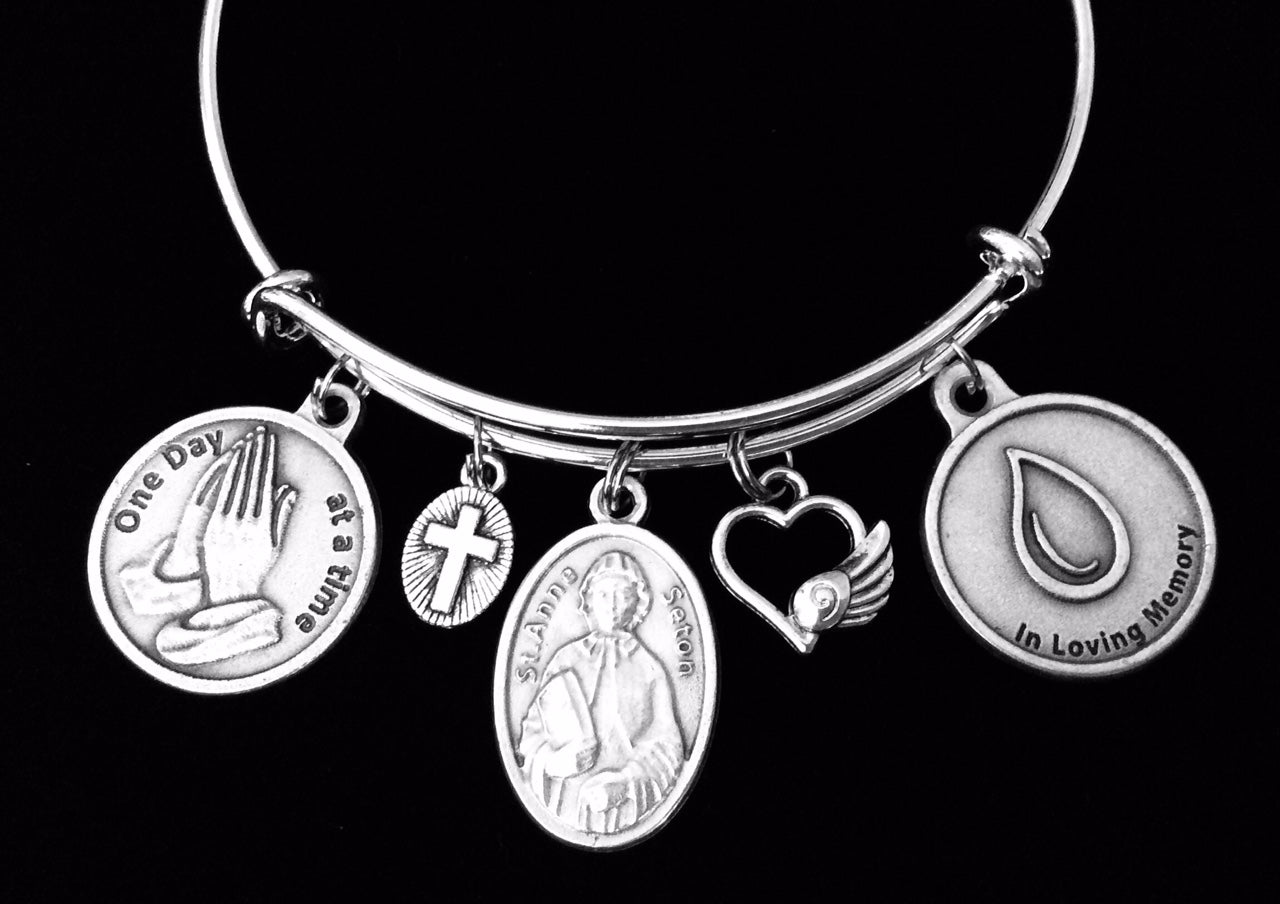 In Loving Memory Saint Elizabeth Ann Seton Charm Bracelet Patron Saint of Grief Adjustable Expandable Silver Bangle Memorial Jewelry One Size Fits All Gift St Anne Seton One Day at a Time