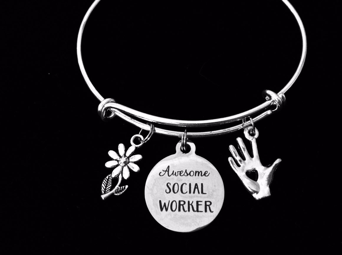 Social Worker Expandable Charm Bracelet Silver Adjustable Wire Bangle One Size Fits All Gift Helping Hand Daisy Awesome Social Worker Jewelry
