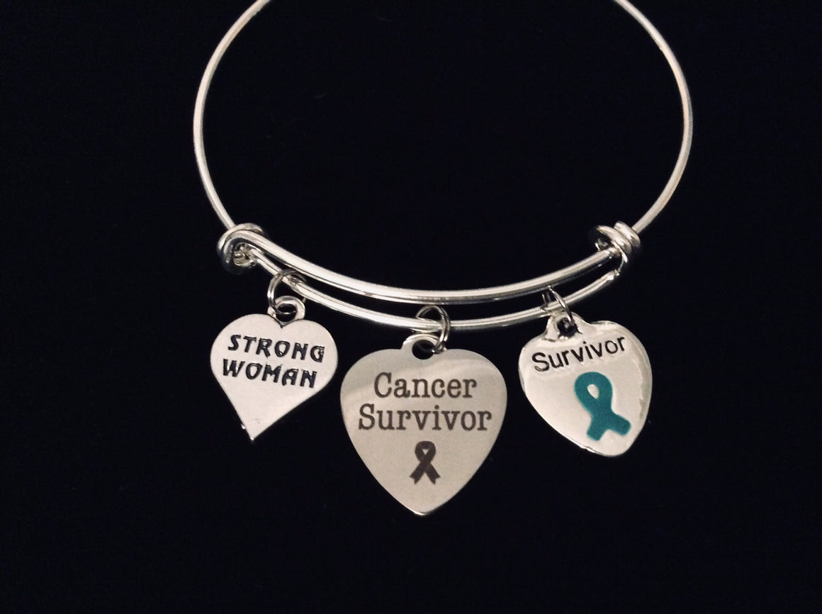 Strong Woman Cancer Survivor Teal Awareness Expandable Charm Bracelet Adjustable Bracelet Stacking Bangle Trendy Inspirational Gift