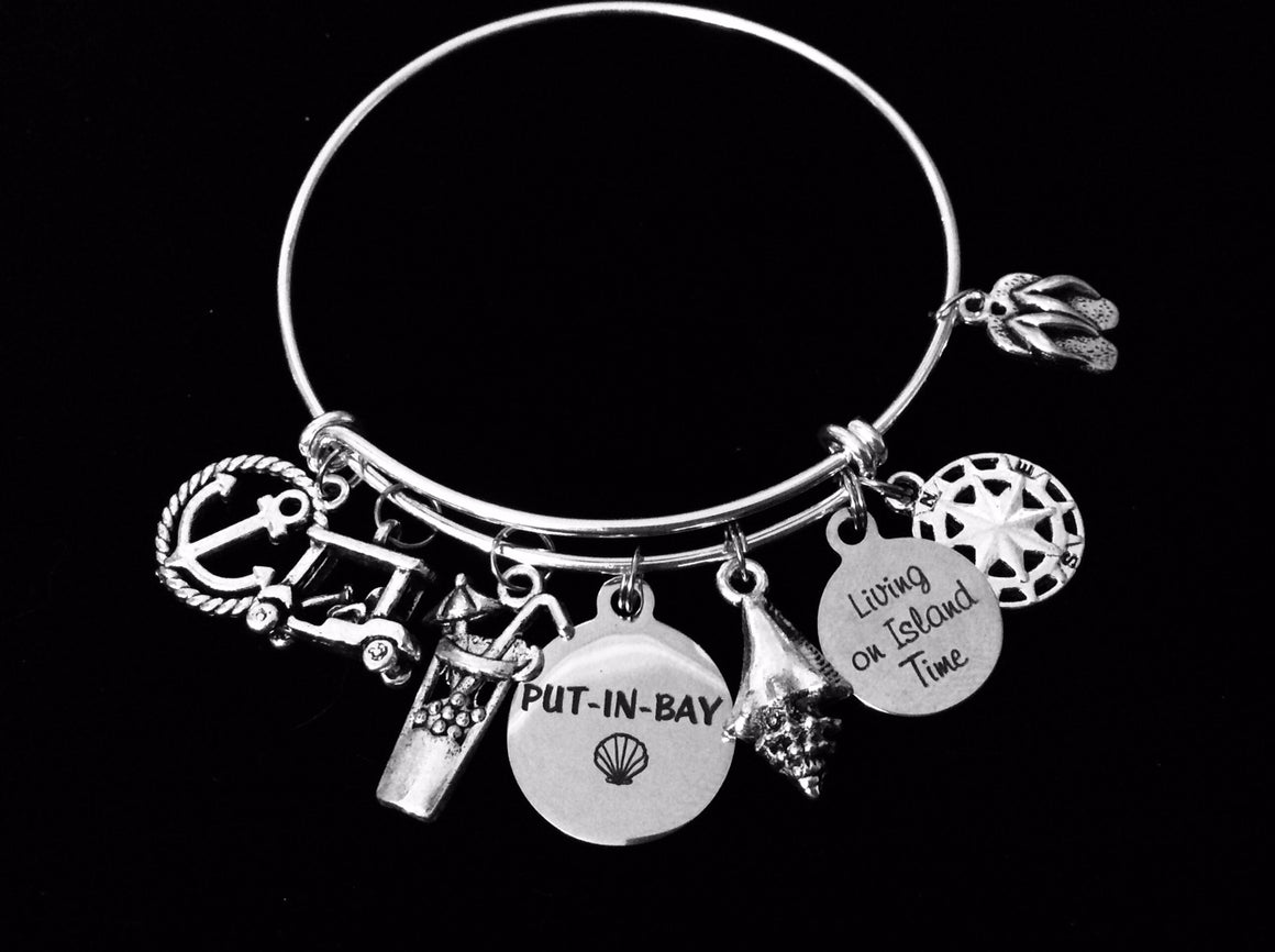 Put-in-Bay Lake Erie Island Jewelry Expandable Charm Bracelet Silver Adjustable Bangle One Size Fits All Gift Golf Cart Conch Shell Compass Rose Anchor Flip Flops