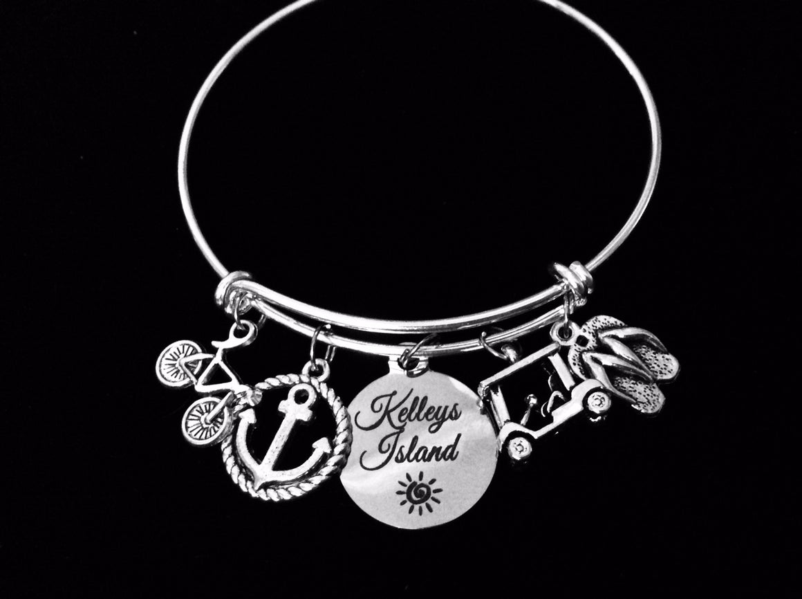 Kelleys Island Jewelry Lake Erie Ohio Expandable Charm Bracelet Silver Adjustable Bangle One Size Fits All Gift Bike Bicycle Golf Cart Flip Flops Anchor 