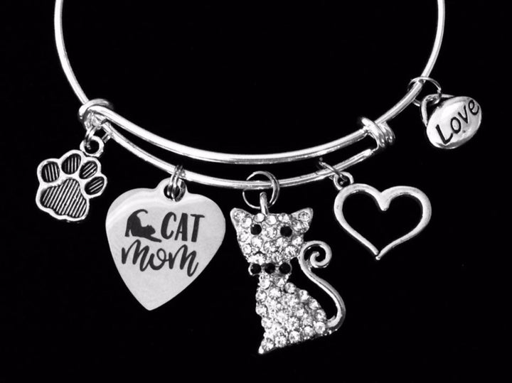 Cat Mom Charm Bracelet Crystal Cat Silver Expandable Adjustable Bangle Cat Lover Jewelry One Size Fits All Gift
