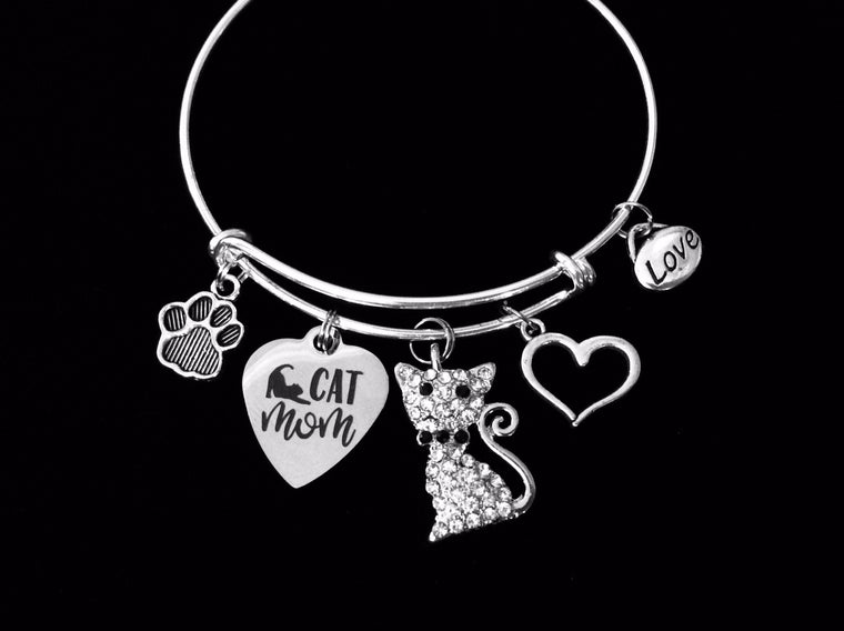 Cat Mom Charm Bracelet Crystal Cat Silver Expandable Adjustable Bangle Cat Lover Jewelry One Size Fits All Gift