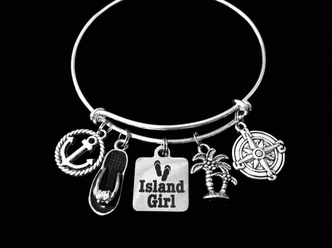 Island Girl Expandable Charm Bracelet Silver Adjustable Bangle One Size Fits All Gift Anchor Palm Tree Flip Flop Compass Rose