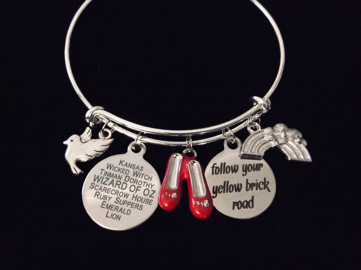 Wizard of Oz Charm Bracelet Expandable Adjustable Bangle One Size Fits All Gift Follow Your Yellow Brick Road Rainbow Ruby Slippers Graduation Inspirational Gift
