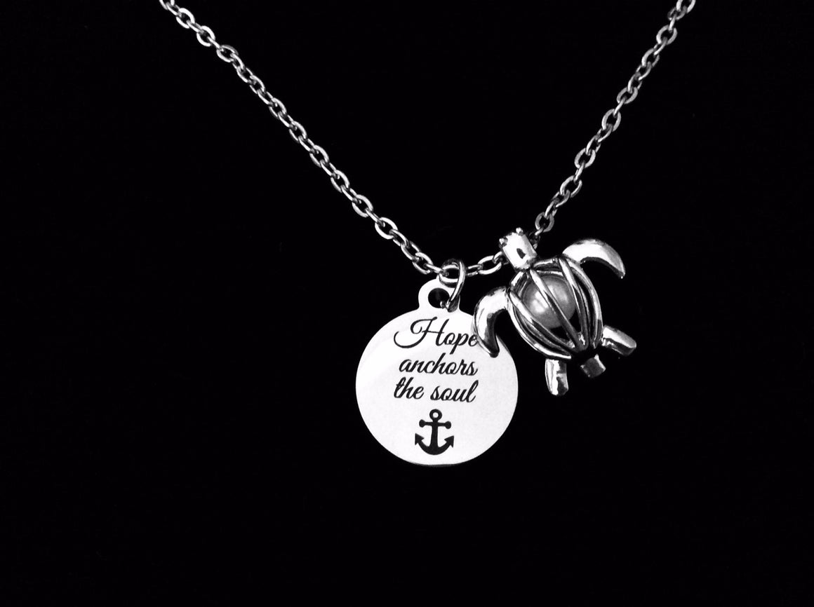 Hope Anchors the Soul Pearl Caged Turtle Silver Necklace Charm Necklace Trendy Inspirational Gift Nautical Jewelry