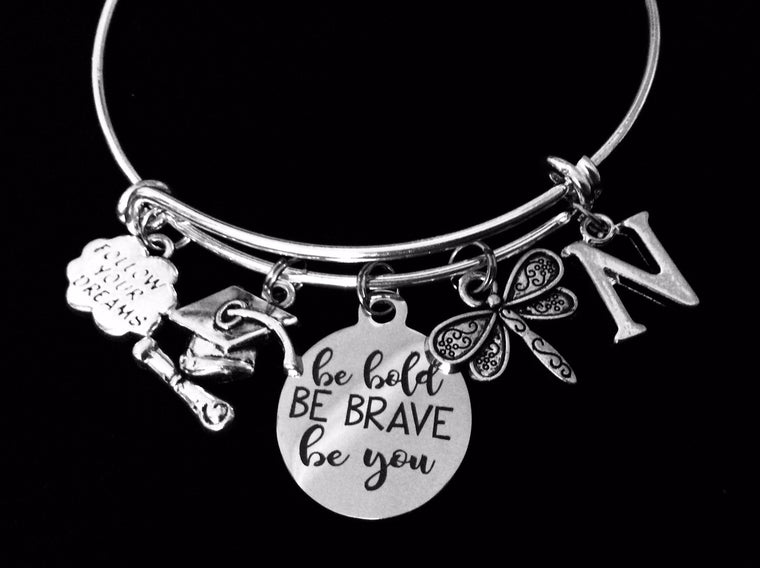 Personalized Class Jewelry Graduation Charm Bracelet Be Bold Be Brave Be You Expandable Bangle Diploma Graduation Cap Adjustable Bangle Gift Follow Your Dreams Dragonfly Initial Bracelet 