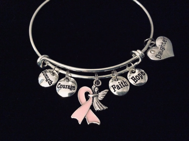 Daughter Pink Awareness Ribbon Strength Courage Faith Hope Expandable Bracelet Adjustable Silver Wire Bangle Trendy One Sized Fits All Gift