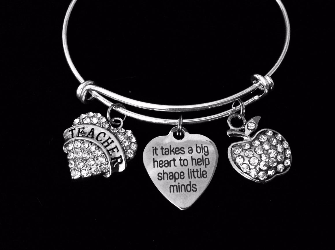 Teacher Jewelry SILver Expandable Charm Bracelet It Takes A Big Heart to Help Shape Little Minds Expandable Charm Bracelet Silver Adjustable Bangle Crystal Apple One Size Fits All