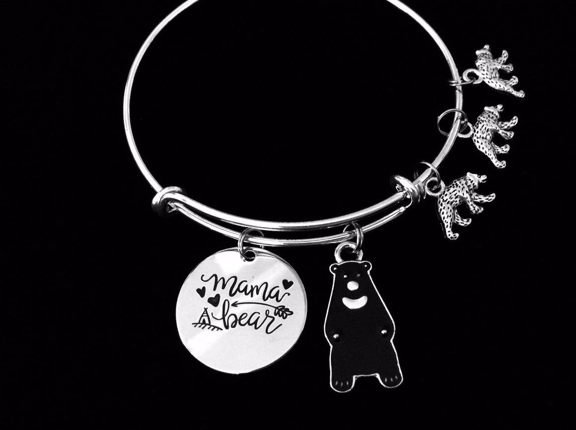 Mama Bear Charm Bracelet Mom and Bear Cub Jewelry Silver Expandable Adjustable Bangle One Size Fits All Gift