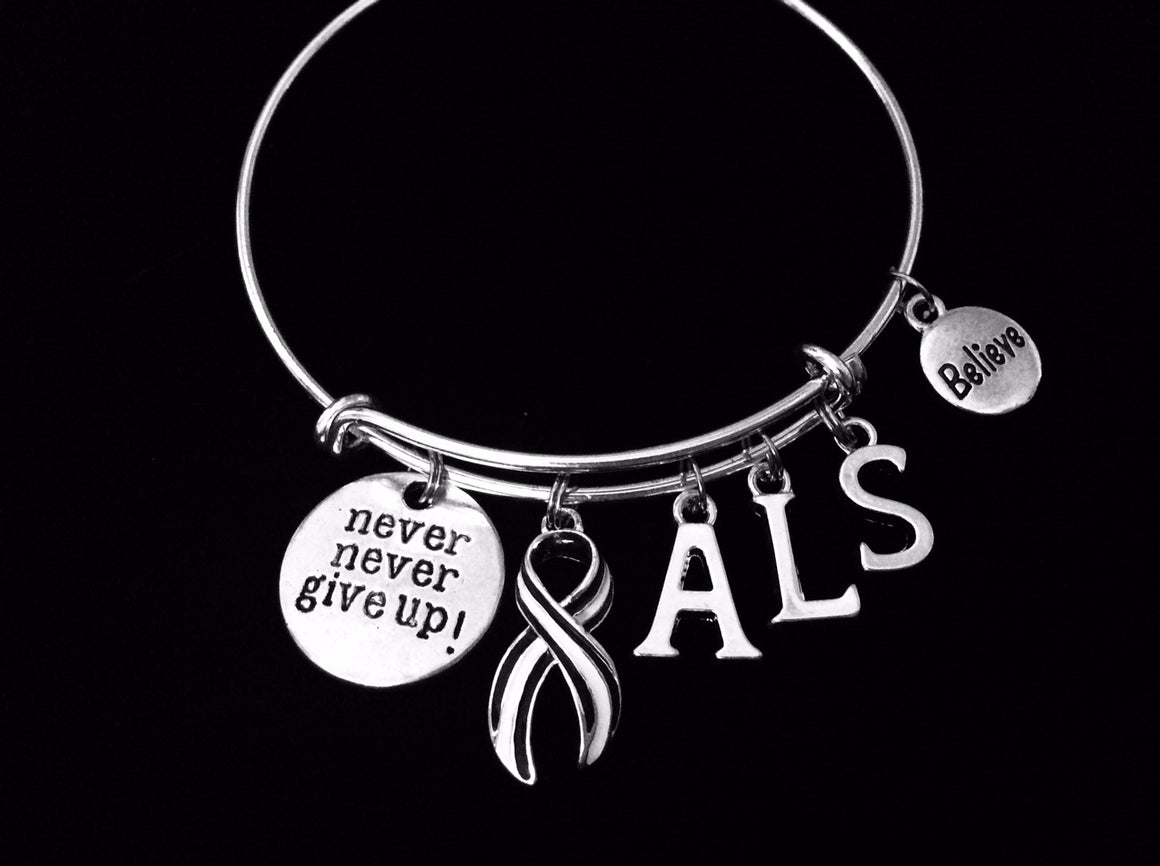 ALS Awareness bracelet Lou Gehrig's Disease Charm Bracelet Navy and White Ribbon Silver Expandable Adjustable Bangle One Size Fits All Gift Amyotrophic Lateral Sclerosis Awareness Jewelry Believe Never Give Up