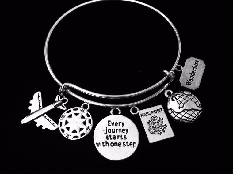Traveler Jewelry Expandable Charm Bracelet Every Journey Starts with One Step Silver Adjustable Bangle One Size Fits All Gift