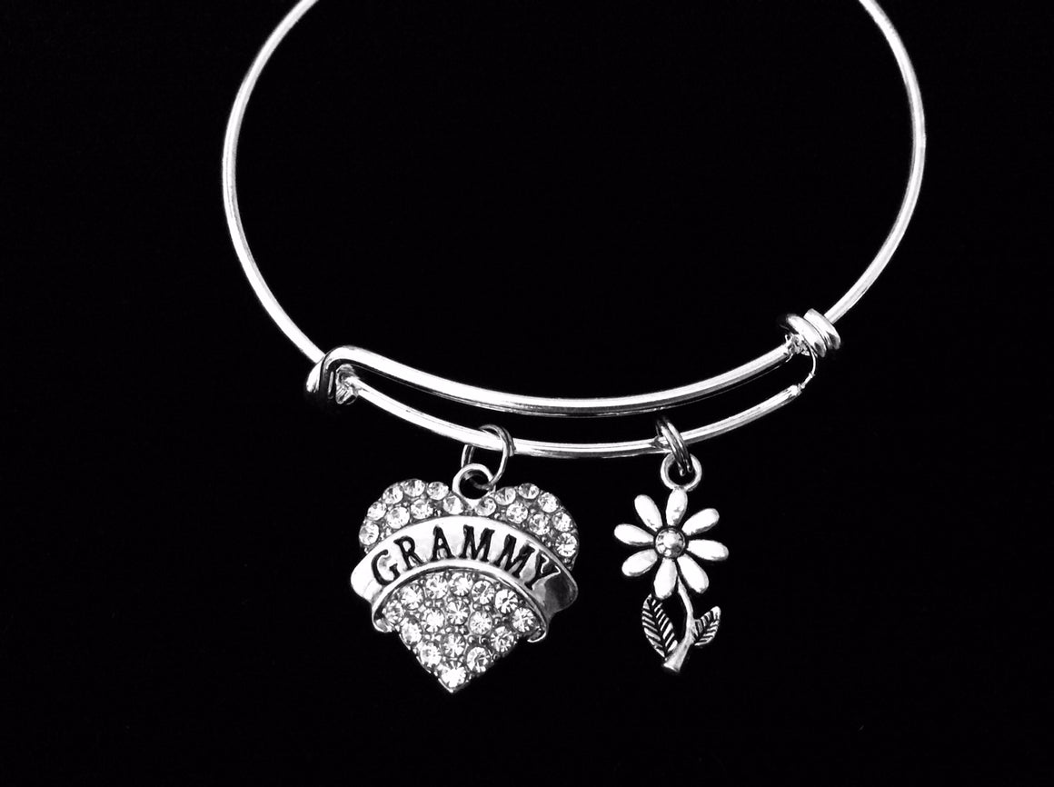 Grammy Expandable Charm Bracelet Rhinestone Heart Adjustable Bangle Grandmother One Size Fits All Gift Daisy