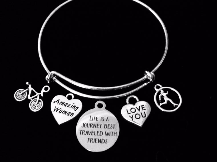 Life is a Journey Best Traveled With Friends Expandable Charm Bracelet Runner Biker Love You Amazing Women One Size Fits All Gift Silver Adjustable Wire Bangle