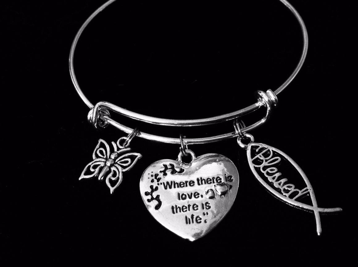 Love Expandable Charm Bracelet Blessed Adjustable Silver Bangle Butterfly and Blessed Fish