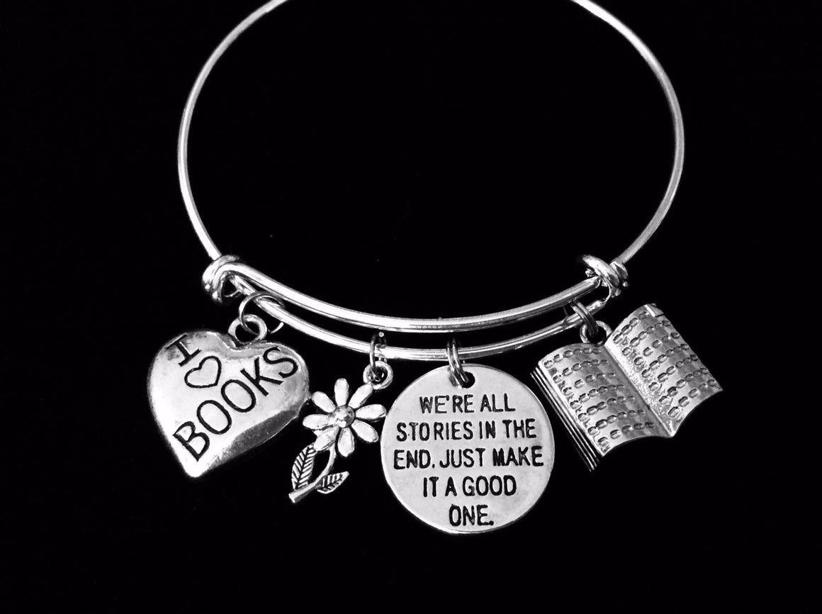 I Love Books Adjustable Charm Bracelet Book Lover Silver Expandable Bangle One Size Fits All Gift
