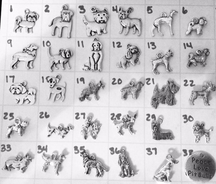 
Numbered silver-plated pewter dog breed charm collection for Jules Obsession expandable bangle bracelets featuring over 30 breeds including Maltese, Mastiff, Westie, French Bulldog, Greyhound, Bichon Frise, Border Collie, Beagle, Goldendoodle, Spaniel, Boxer, Shih Tzu, Jack Russell Terrier, German Shepherd, Cocker Spaniel, Scottish Terrier, Bulldog, Dachshund, Pomeranian, Chihuahua, Yorkshire Terrier, Poodle, Corgi, Golden Retriever, Labrador, and Peace Love Pit Bulls disc charm in antique silver tone