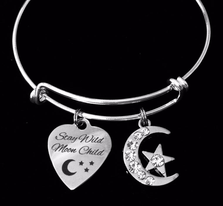 Stay Wild Moon Child Adjustable Bracelet Expandable Silver Wire Bangle Gift Moon Stars