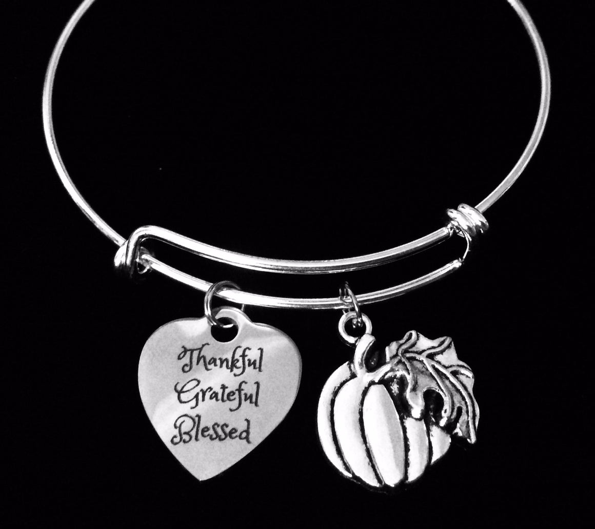 Thankful Grateful Blessed Charm Bracelet Bangle Expandable Silver Bangle One Size Fits All Gift