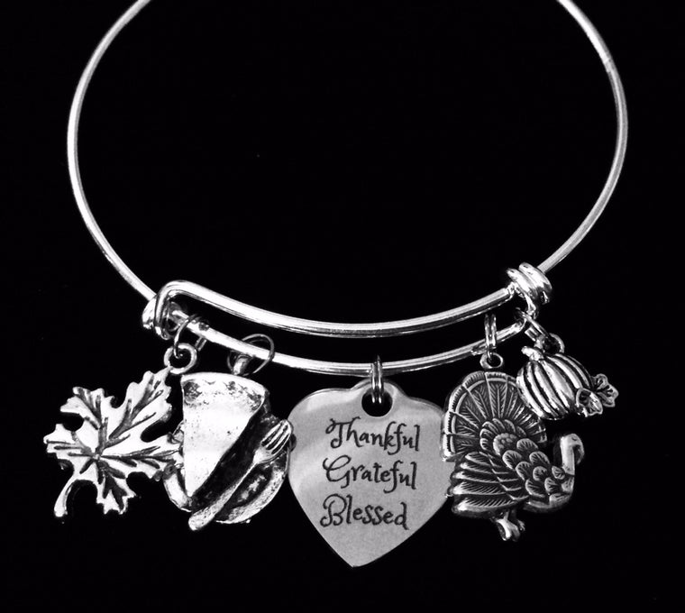 Thanksgiving Jewelry Turkey Bracelet Thankful Grateful Blessed Silver Adjustable Charm Bracelet Bangle Expandable One Size Fits All Gift