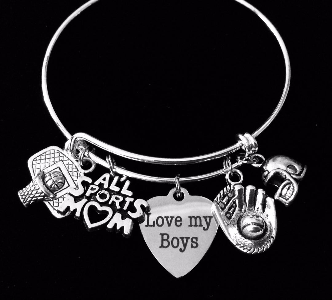 Expandable silver sports mom charm bracelet with basketball hoop, baseball glove, football helmet, and "Love My Boys" engraved heart charm