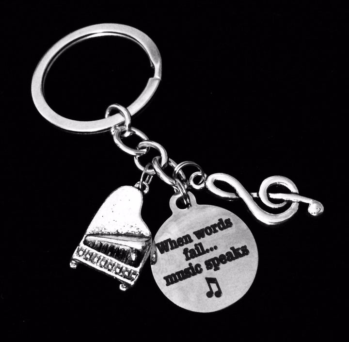 When Words Fail Music Speaks KeyChain Teacher Gift Silver Key Ring Inspirational Key Chain