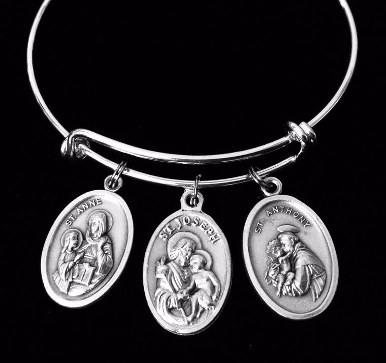 Saints Expandable Charm Bracelet Silver Adjustable Bangle Saint Anne Saint Anthony Saint Joseph