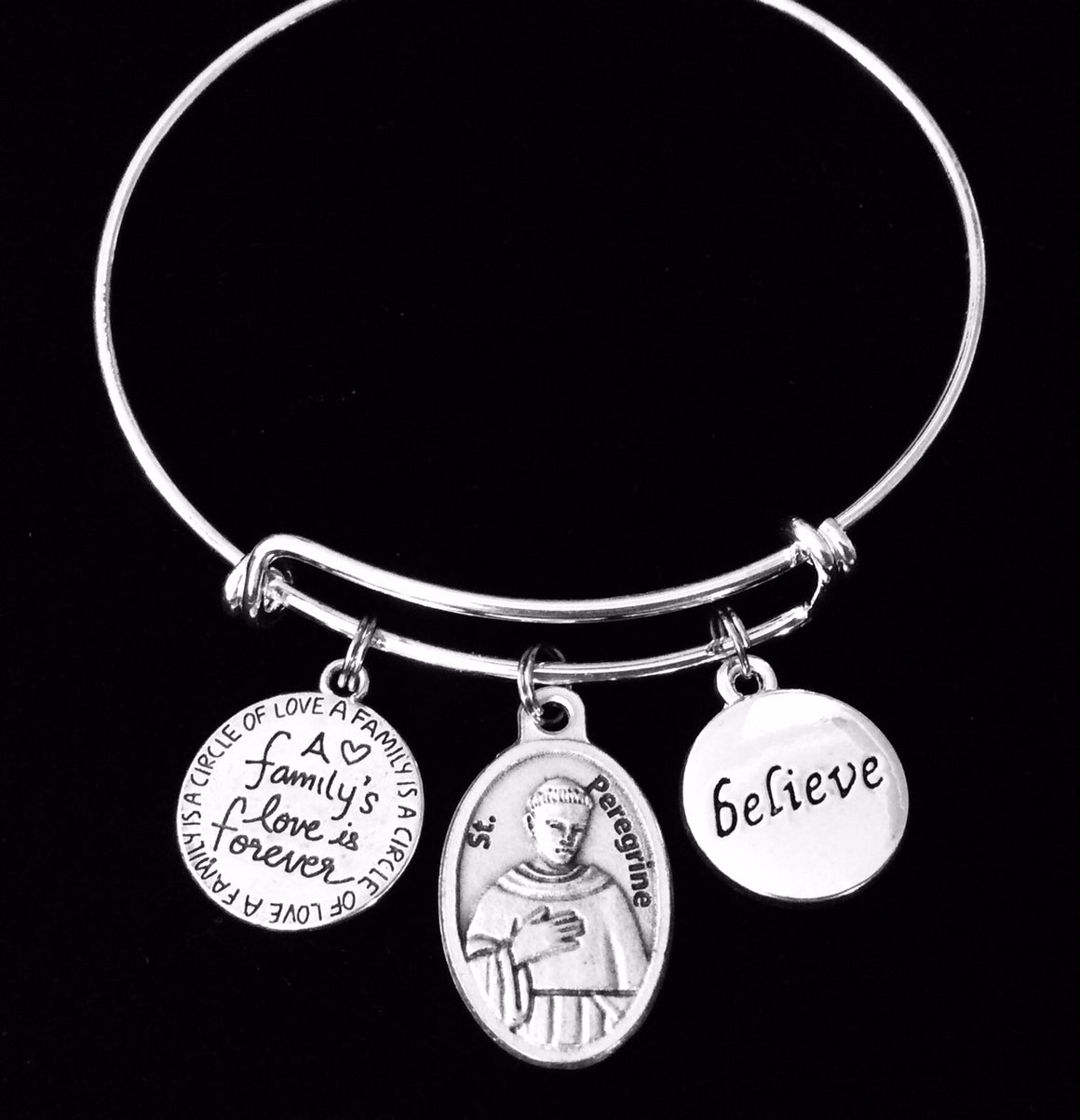 Saint Peregrine Expandable Charm Bracelet Silver Adjustable Wire Bangle Stacking One Size Fits All Gift